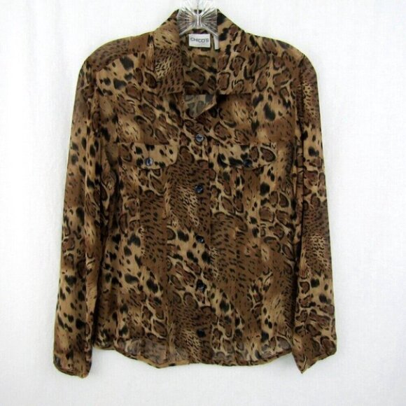 Chicos Silk Leopard Print Button Front Sheer Top Womens Size S 0 Long Sleeve - Picture 10 of 12